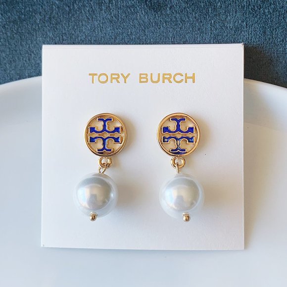 Tory Burch Jewelry - Tory Burch logo navy pearl earrings